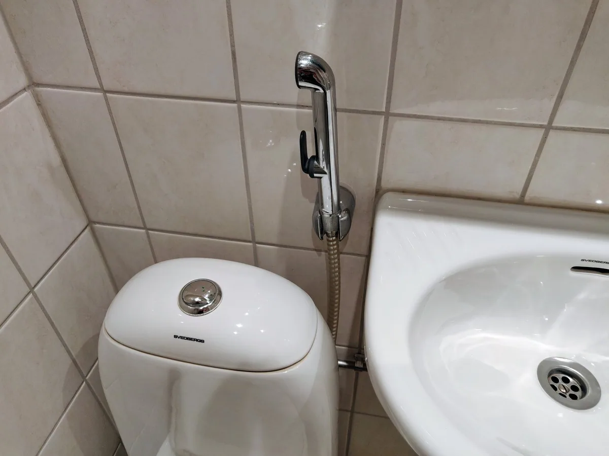 Handheld bidet sprayer on a hose mounted on a tiled wall between a toilet and a washbasin